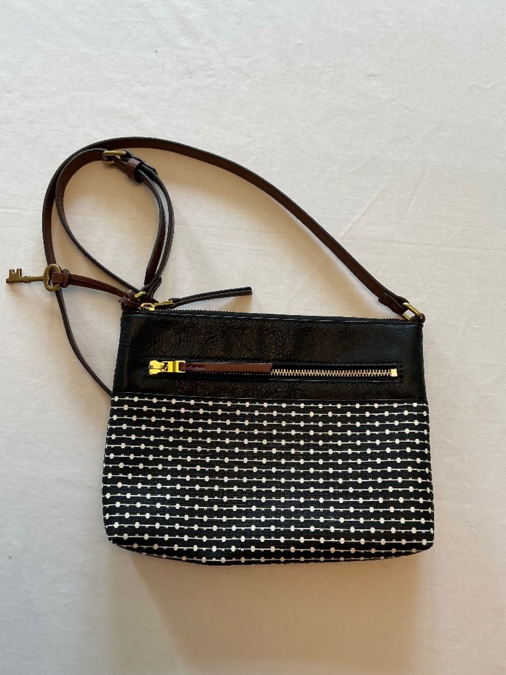 Fossil Fiona Crossbody Bag - Black Leather & Polka Dot Canvas